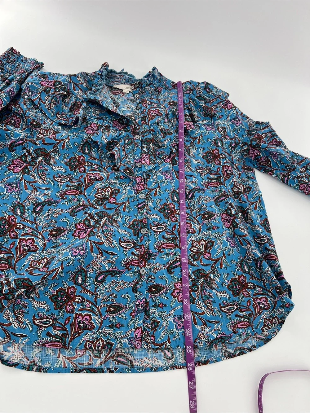 LOFT Bouquet Ruffle Blue Yoke Long Sleeve Button Down Puff Sleeve Shirt‎ Sz L